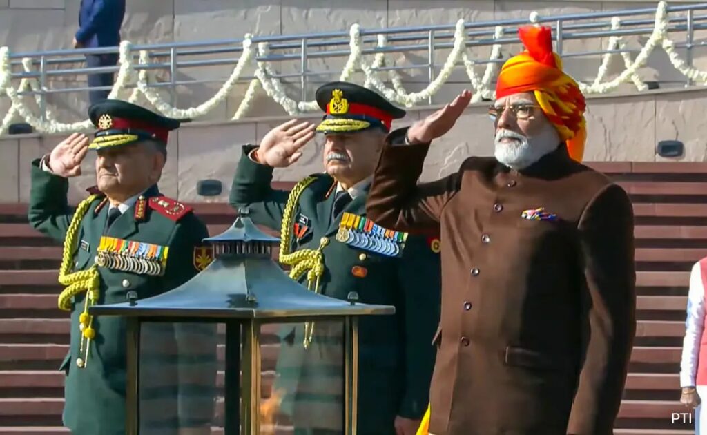 PM Modi Sports Vibrant Multi-Coloured Turban, Brown Coat On Republic Day