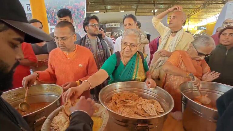 Sudha Murthy Serves Mahaprasad, Tours ISKCON Kitchen At Maha Kumbh 2025