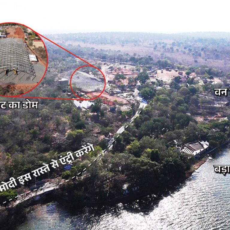 बोट क्लब के रास्ते इन्वेस्टर्स समिट में एंट्री करेंगे मोदी:डबल डेकर पेवेलियन से देखेंगे बड़ा तालाब; ड्रोन वीडियो में देखिए, कैसे संवर रहा मानव संग्रहालय