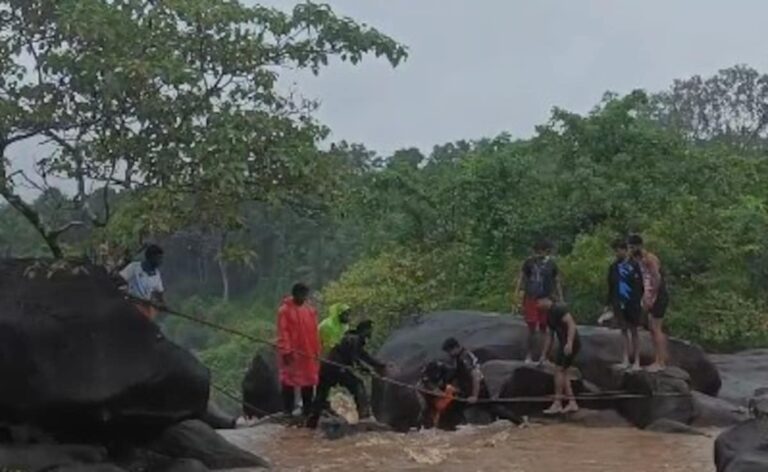 Video: 5 Tourists Stuck At Karnataka Waterfall Rescued Amid Heavy Rainfall