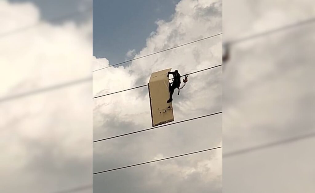 Video: Man Takes Down Signboard Stuck On High-Tension Wire In Noida
