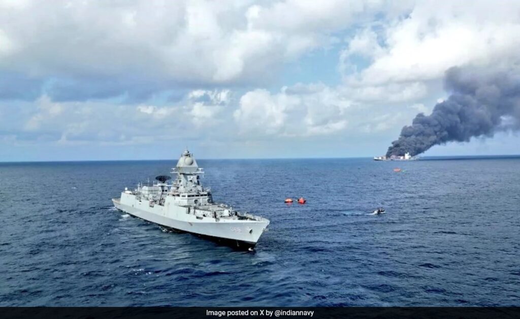 Watch: Cargo Ship On Fire Off Kerala, Coast Guard Sprays Water