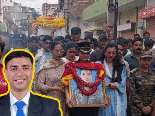 पायलट राजवीर को अंतिम विदाई, लेफ्टिनेंट-कर्नल पत्नी ने किया सैल्यूट:अंतिम यात्रा में फोटो थामे हुए भी चलीं, परिवार नहीं देख सका बेटे का चेहरा
