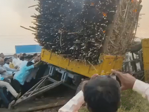 कर्नाटक में गन्ना किसानों का आंदोलन हिंसक हुआ:100 से ज्यादा ट्रैक्टर में आग लगाई; किसानों की मांग ₹3300 टन का भाव नहीं चाहिए